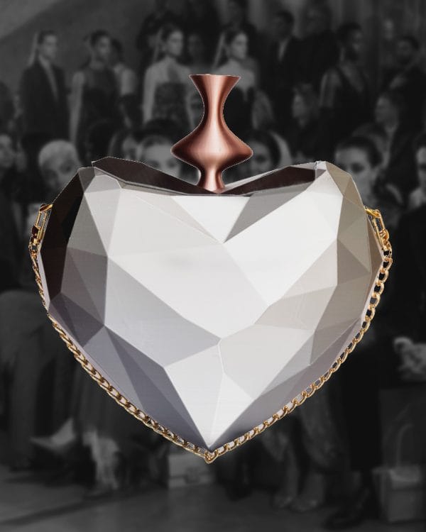 Bolso Dádiva diseñado por GalloBuey para la colección de Juan Duyos, corazón plata esculpido en 3D con tecnología paramétrica propia