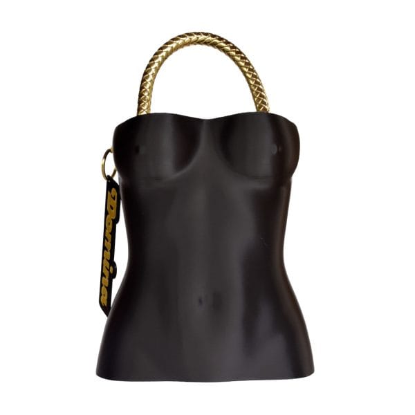 Bolso Domina Negro diseñado por GalloBuey: una escultura de torso femenino en 3D negro mate con asa trenzada para la colección de Juan Duyos.