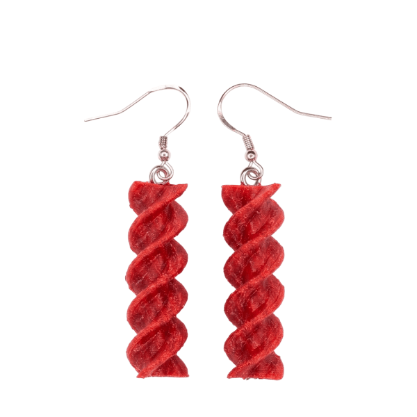 fusilli-isolated Women's long 3D fusilli design earrings in red, autumn collection