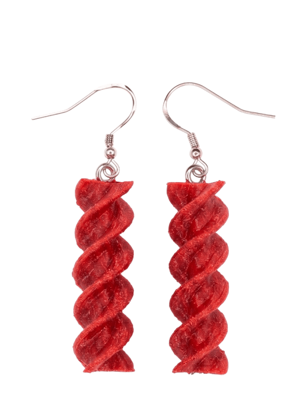 Women's long 3D fusilli design earrings in red, autumn collection