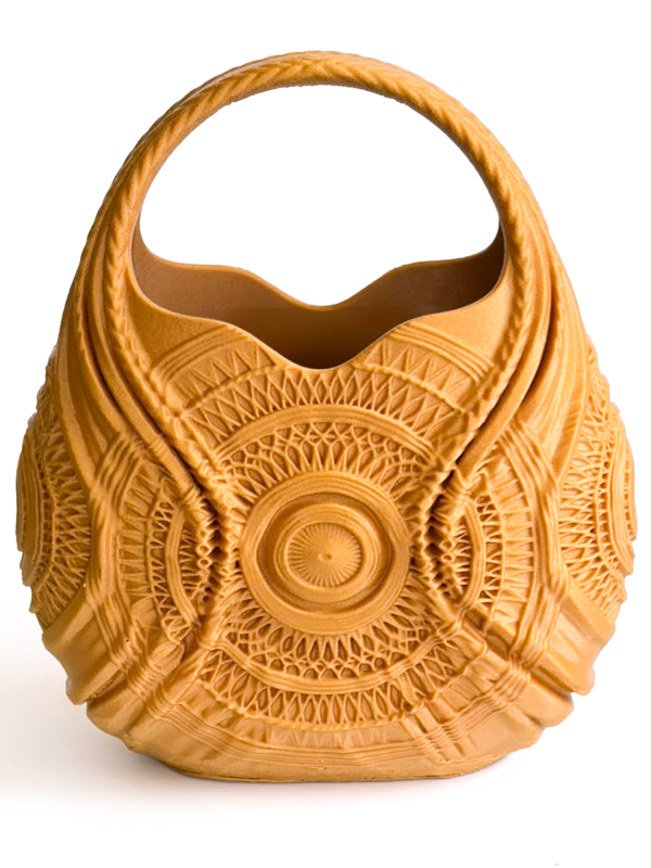 Bolso de lujo Serendipia impreso en 3D color ocre dorado con patrones geométricos y curvas orgánicas.